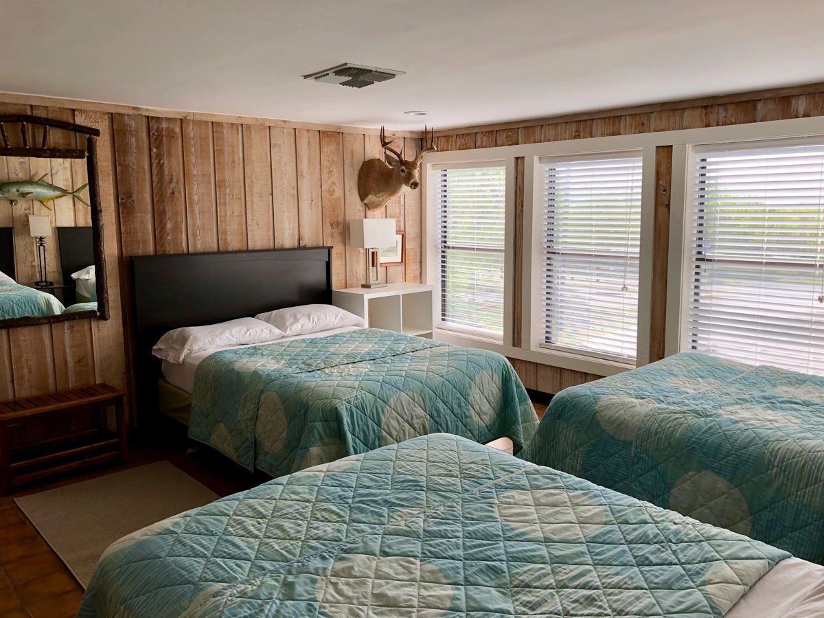 Upper Level — guest bedroom with an axis mount and lodge paneling